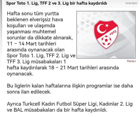 Spor Toto 1. Lig, TFF 2 ve 3. Lig bir hafta Ertelendi (Kastamonu Derbisi Haftaya Kaldı)